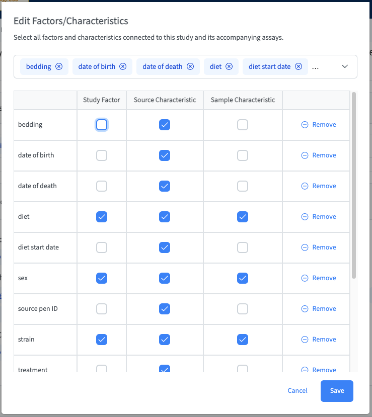 Factors and Characteristics modal